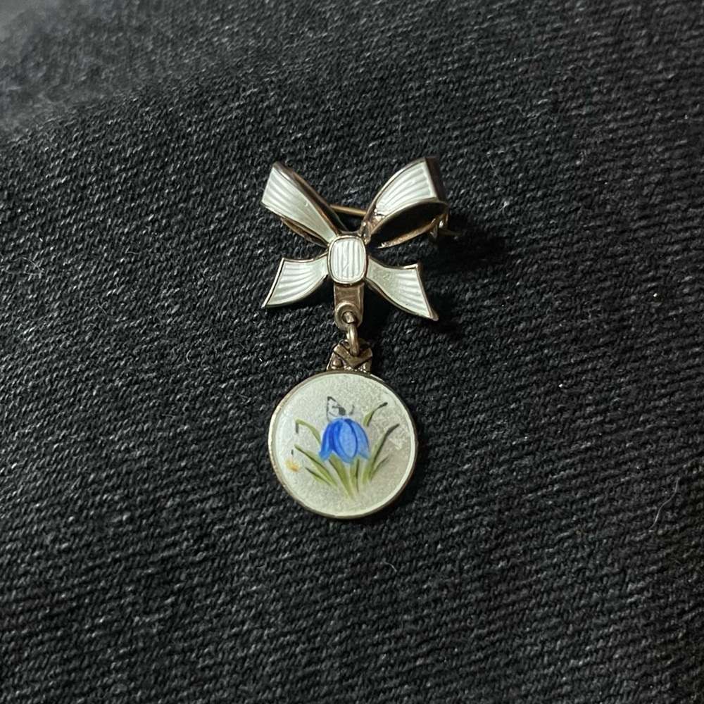 Antique Sterling Silver Enamel Flower Bow Pin Brooch Signed 925